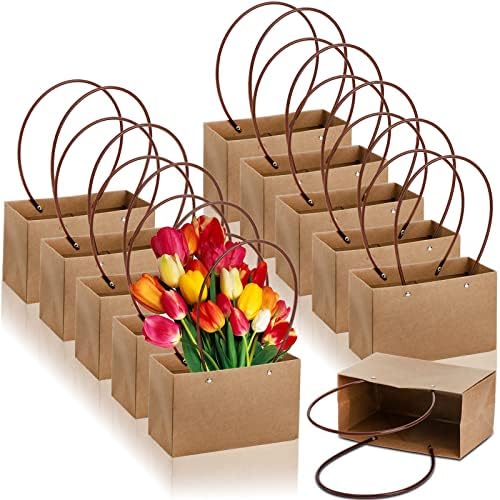 DEAYOU Paquete de 10 Bolsas de Papel Kraft para Regalos, Bolsa de Bouquet Marrón con Asa, Tote Pequeña Impermeable para Arreglos Florales y Fiestas - imagen 3