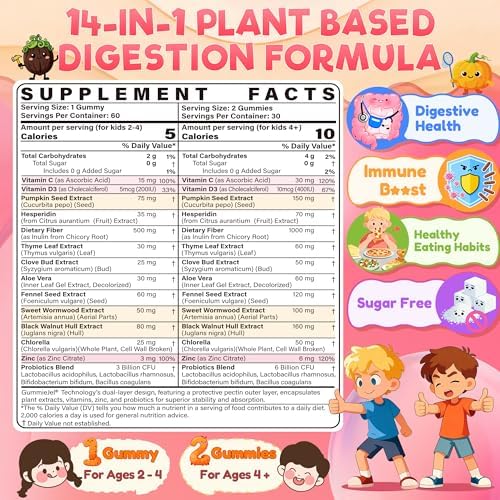 Gomitas Para Niños 2-4 Años y 4+ Para Salud Digestiva con Ajenjo, Nogal Negro, Clavo, Semillas de Calabaza, Vitamina C, D3 y Zinc (60 piezas) - imagen 2
