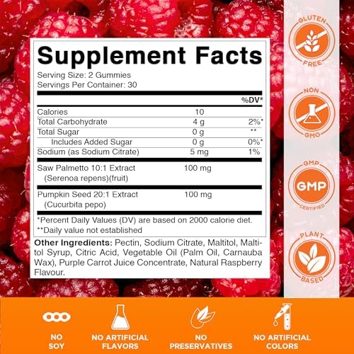 Gomitas Vitamatic de Extracto de Semilla de Calabaza 20:1 y Saw Palmetto 10:1 – Sin Azúcar, Sabor a Frambuesa Natural – Veganas y No Transgénicas – - imagen 2