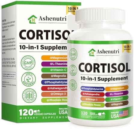 Suplemento Ashenutri 10 en 1 para el Cortisol con Magnesio, Ashwagandha, Rhodiola Rosea y L Teanina, Equilibrio Hormonal para Mujeres, 120 Cápsulas - imagen 1