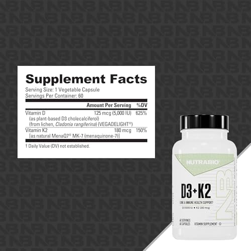 NutraBio Vitamina D3 K2 | 5000 IU D3 como Colecalciferol con Vitamina K2 MENA-Q MK7 (180mcg) | Apoyo a Huesos y Corazón | 60 Cápsulas Vegetales Sin - imagen 2