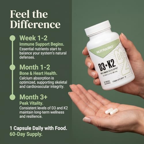 NutraBio Vitamina D3 K2 | 5000 IU D3 como Colecalciferol con Vitamina K2 MENA-Q MK7 (180mcg) | Apoyo a Huesos y Corazón | 60 Cápsulas Vegetales Sin - imagen 5