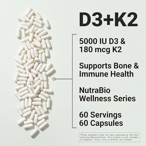 NutraBio Vitamina D3 K2 | 5000 IU D3 como Colecalciferol con Vitamina K2 MENA-Q MK7 (180mcg) | Apoyo a Huesos y Corazón | 60 Cápsulas Vegetales Sin - imagen 6