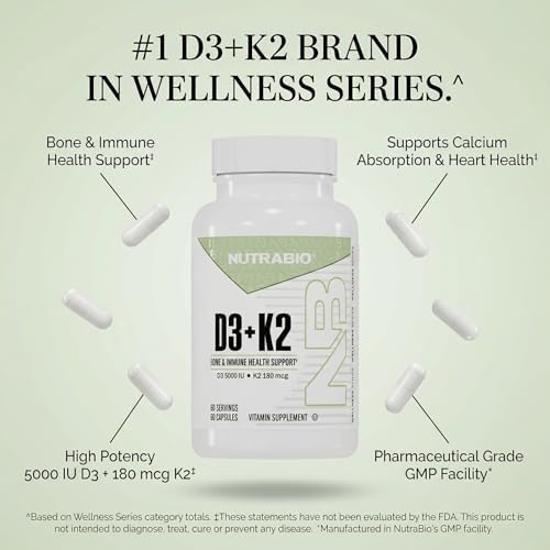 NutraBio Vitamina D3 K2 | 5000 IU D3 como Colecalciferol con Vitamina K2 MENA-Q MK7 (180mcg) | Apoyo a Huesos y Corazón | 60 Cápsulas Vegetales Sin - imagen 7