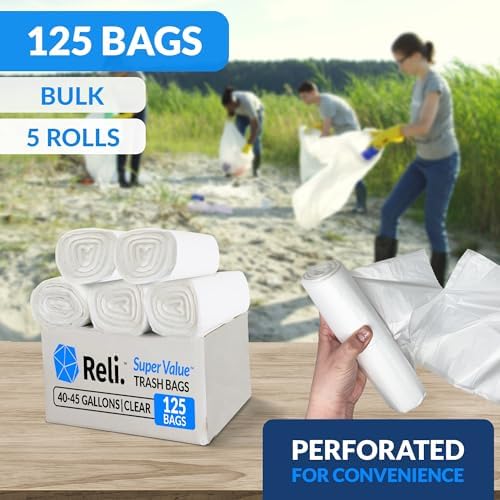 Bolsas de Basura Reli de 40 a 45 Galones | Paquete de 125 Bolsas Resistentes con Cintas | Limpieza de Basura Grande y Transparente - imagen 2