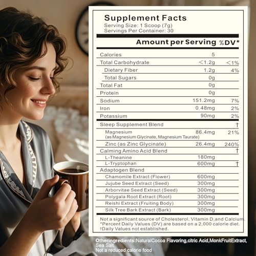 Cacao Caliente de Magnesio – Bebida Natural para Dormir sin Melatonina con Hongo Reishi, L-Teanina y Zinc Glicinato – 30 Porciones para Relajación y - imagen 4