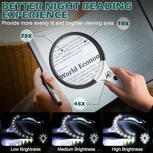 Lupa Grande con Luz, 10X 25X 45X, Lupa de Mano Iluminada con 3 Modos de Luz, 12 LEDs, Bolsa de Almacenamiento y Paño de Limpieza para Lectura y - imagen 2