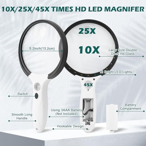 Lupa Grande con Luz, 10X 25X 45X, Lupa de Mano Iluminada con 3 Modos de Luz, 12 LEDs, Bolsa de Almacenamiento y Paño de Limpieza para Lectura y - imagen 5