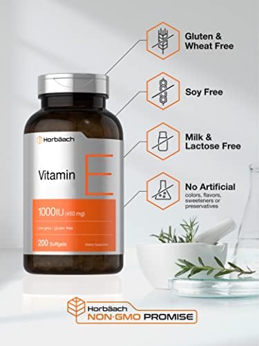 Cápsulas de Gel Suave Horbäach Vitamina E 1000 IU | 200 Unidades | Sin OGM, Sin Gluten, Sin Conservadores | Aceite de Vitamina E - imagen 4