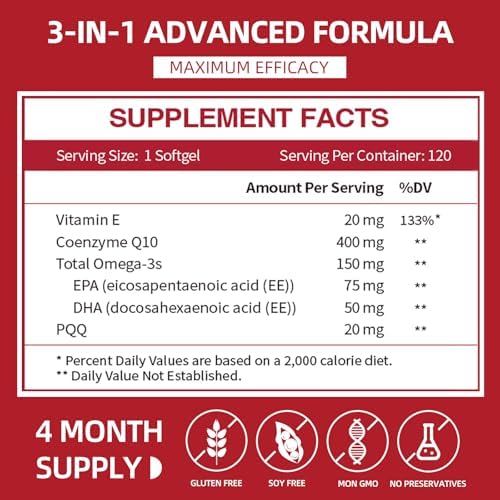 CoQ10 400 mg en Softgels con PQQ y Aceite de Pescado Omega 3, Antioxidante Coenzima Q10 para la Salud del Corazón y Energía, 120 Cápsulas - imagen 2