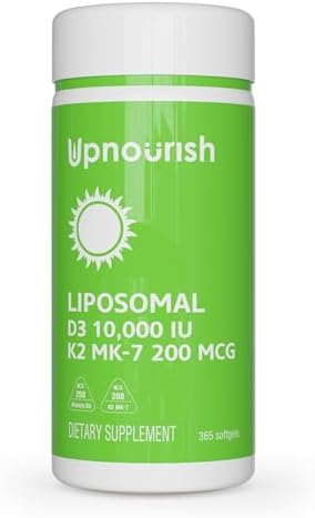 Suplemento de Vitamina D3 y K2 Liposomal UpNourish 10000 UI D3 y 200 mcg K2 MK-7 - 365 Mini Softgels Fáciles de Tragar - imagen 1