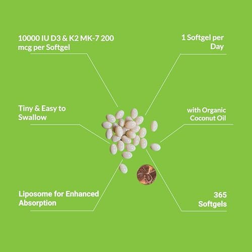 Suplemento de Vitamina D3 y K2 Liposomal UpNourish 10000 UI D3 y 200 mcg K2 MK-7 - 365 Mini Softgels Fáciles de Tragar - imagen 3
