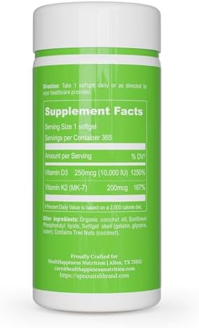 Suplemento de Vitamina D3 y K2 Liposomal UpNourish 10000 UI D3 y 200 mcg K2 MK-7 - 365 Mini Softgels Fáciles de Tragar - imagen 6