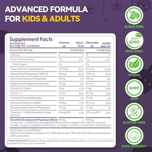 Gomitas Crasye para Crecimiento en Niños y Adolescentes - Calcio, Vitamina D3 + K2, Zinc, Magnesio, L-Arginina - Multivitamínicos para Huesos y - imagen 2