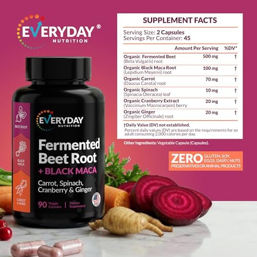 Cápsulas Orgánicas de Remolacha Fermentada y Maca Negra EVERYDAY NUTRITION con Zanahoria, Espinaca, Arándano y Jengibre | Superalimento para Energía - imagen 4