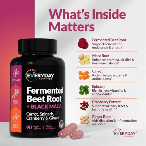 Cápsulas Orgánicas de Remolacha Fermentada y Maca Negra EVERYDAY NUTRITION con Zanahoria, Espinaca, Arándano y Jengibre | Superalimento para Energía - imagen 6