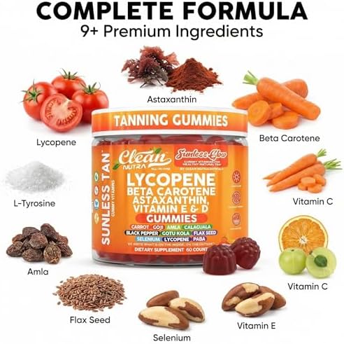 Gomitas Bronceadoras Sunless Glow con Licopeno, Beta Caroteno, Astaxantina, Vitaminas C, D, E, Semilla de Lino y Amla, 60 piezas, Sabor Fresa-Banana - imagen 4
