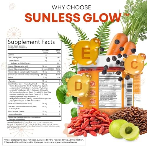 Gomitas Bronceadoras Sunless Glow con Licopeno, Beta Caroteno, Astaxantina, Vitaminas C, D, E, Semilla de Lino y Amla, 60 piezas, Sabor Fresa-Banana - imagen 5
