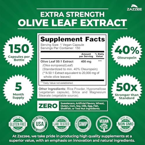 Zazzee Extracto de Hoja de Olivo Extra Fuerte 50:1, 40% Oleuropeína, 150 Cápsulas Veganas, Suministro para 5 Meses, Antioxidante Potente y Apoyo - imagen 2