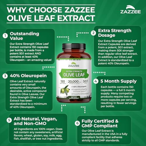Zazzee Extracto de Hoja de Olivo Extra Fuerte 50:1, 40% Oleuropeína, 150 Cápsulas Veganas, Suministro para 5 Meses, Antioxidante Potente y Apoyo - imagen 5