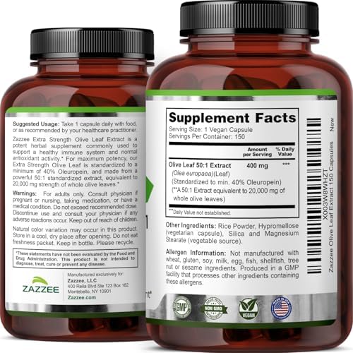 Zazzee Extracto de Hoja de Olivo Extra Fuerte 50:1, 40% Oleuropeína, 150 Cápsulas Veganas, Suministro para 5 Meses, Antioxidante Potente y Apoyo - imagen 6