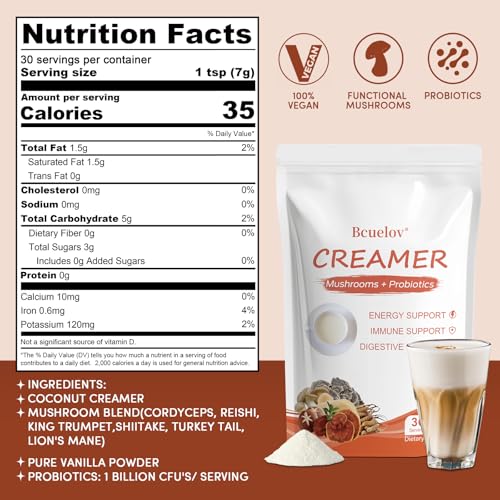Crema de Café de Champiñones, Polvo Superfood con 6 Hongos Adaptógenos y Probióticos para Energía, Enfoque y Digestión - 30 Porciones - imagen 2