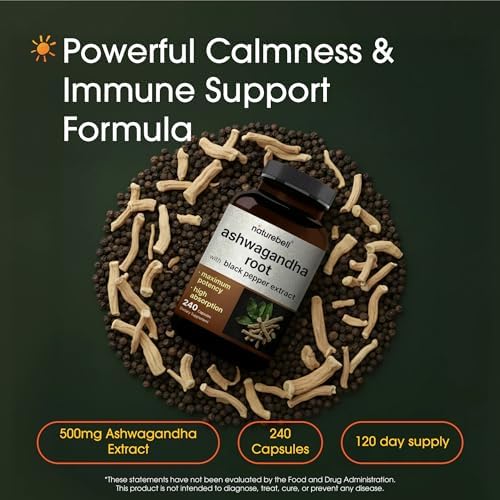 NatureBell Raíz de Ashwagandha con Extracto de Pimienta Negra - 240 Cápsulas - Adaptógeno de Alta Potencia para Calma, Relajación y Soporte - imagen 2