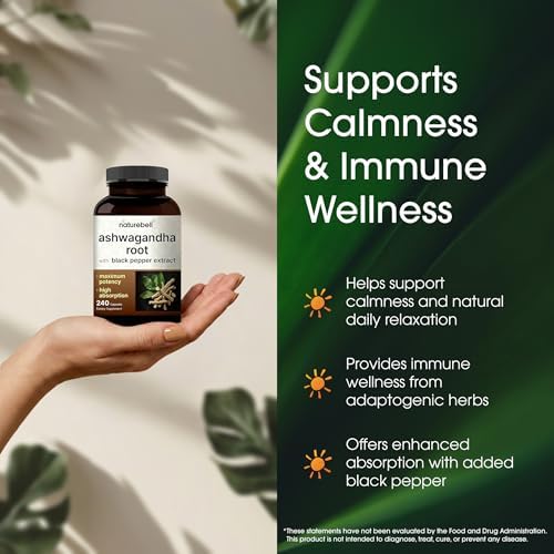 NatureBell Raíz de Ashwagandha con Extracto de Pimienta Negra - 240 Cápsulas - Adaptógeno de Alta Potencia para Calma, Relajación y Soporte - imagen 4