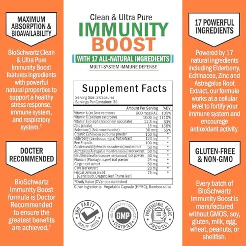 Suplemento de Soporte Inmunológico BioSchwartz - Vitamina C con Zinc, Extracto de Saúco, Jengibre, Propóleo de Abeja y Betacarotenos, 90 Cápsulas - imagen 4