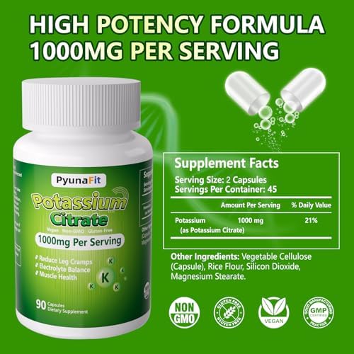 Suplemento de Potasio PYUNAFIT 1000mg - Citrato de Potasio para Calambres Musculares, Salud Muscular y Soporte Cardiaco, No GMO y Sin Gluten, 90 - imagen 2