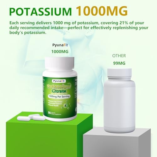 Suplemento de Potasio PYUNAFIT 1000mg - Citrato de Potasio para Calambres Musculares, Salud Muscular y Soporte Cardiaco, No GMO y Sin Gluten, 90 - imagen 3