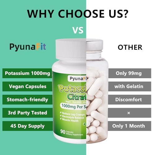 Suplemento de Potasio PYUNAFIT 1000mg - Citrato de Potasio para Calambres Musculares, Salud Muscular y Soporte Cardiaco, No GMO y Sin Gluten, 90 - imagen 6