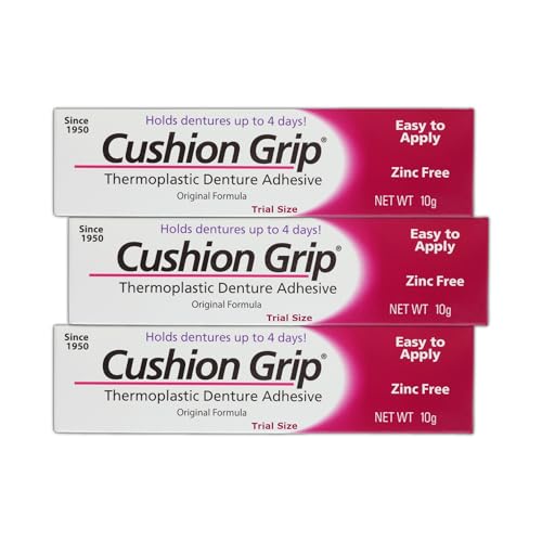 Adhesivo para Dentaduras Cushion Grip, Tamaño de Viaje 0.35 oz (Paquete de 3) - Ajusta y Refuerza Dentaduras Sueltas hasta por 4 Días | Fórmula - imagen 1