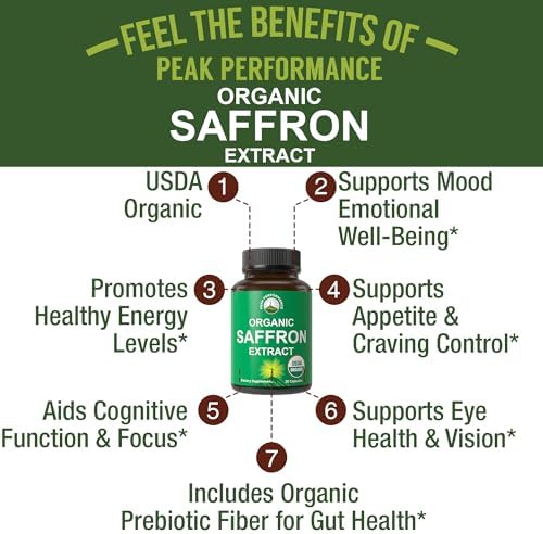 Suplementos de Azafrán - Cápsulas de Extracto de Azafrán Orgánico USDA para Mujeres, Hombres y Niños. Con Fibra Prebiótica Orgánica, Natural para - imagen 2