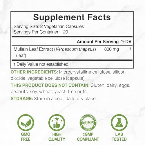 DEAL SUPPLEMENT Extracto de Hoja de Mullein 240 Cápsulas Veganas – Suministro para 4 Meses – Sin OGM, Vegano - imagen 2
