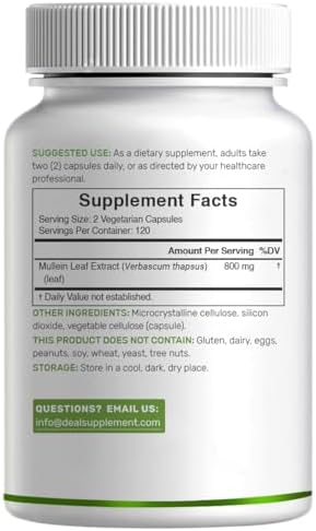 DEAL SUPPLEMENT Extracto de Hoja de Mullein 240 Cápsulas Veganas – Suministro para 4 Meses – Sin OGM, Vegano - imagen 4