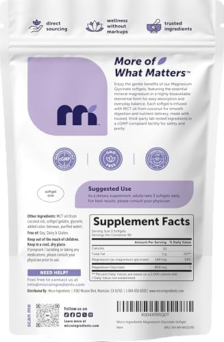 Suplemento de Magnesio Glicinato Micro Ingredients 800 mg, 240 Cápsulas Blandas | Magnesio Quelado con Aceite MCT | Sin OGM, Sin Gluten, Sin Soja - imagen 6