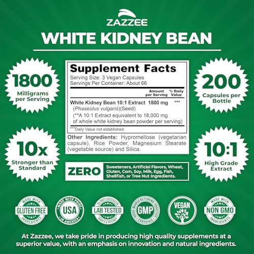 Extracto de Frijol Blanco Zazzee 10:1, 1800 mg por Porción, 200 Cápsulas Veganas, Suministro de 2+ Meses, Soporte Digestivo, 100% Vegetariano, No - imagen 2
