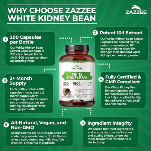 Extracto de Frijol Blanco Zazzee 10:1, 1800 mg por Porción, 200 Cápsulas Veganas, Suministro de 2+ Meses, Soporte Digestivo, 100% Vegetariano, No - imagen 6