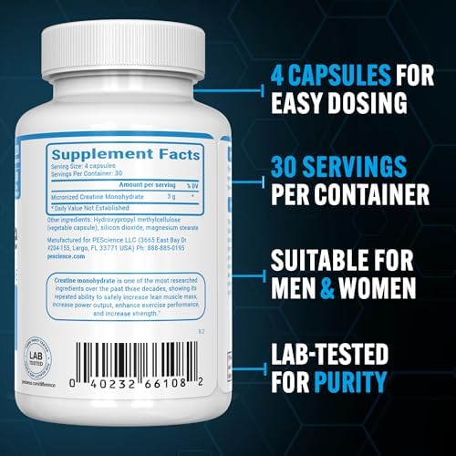 PEScience TruCreatine Cápsulas de Creatina, Creapure Monohidrato, 3g por Porción, 120 Cápsulas para Hombres y Mujeres, Apoya Crecimiento Muscular y - imagen 3