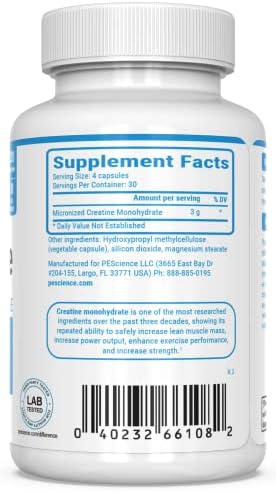PEScience TruCreatine Cápsulas de Creatina, Creapure Monohidrato, 3g por Porción, 120 Cápsulas para Hombres y Mujeres, Apoya Crecimiento Muscular y - imagen 6
