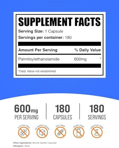 Cápsulas de Palmitoiletanolamida BulkSupplements.com - Suplemento de PEA 600mg para Apoyo Inmunológico - Sin Gluten, 1 Cápsula por Porción, 180 - imagen 2