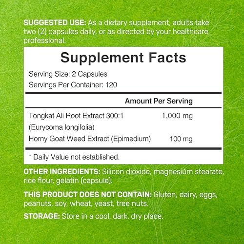 Extracto de Tongkat Ali 300:1 con Hierba de Cabra Follona 1,100mg – Raíz de Eurycoma Longifolia – Suplemento Herbal Extra Fuerte para Energía - imagen 2
