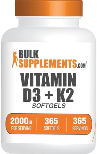 BulkSupplements.com Suplemento de Vitamina D3 + K2 en Softgels - Libre de Gluten, 1 Softgel por Porción (2000UI), 365 Contenido (Paquete de 1) - imagen 1