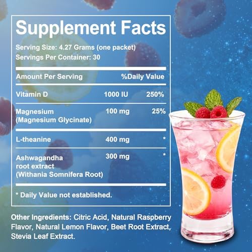 Mezcla en Polvo Calm para Reducir Cortisol, Suplemento para Dormir con Magnesio, Ashwagandha, L-Teanina y Vitamina D3, 30 Sobres (Limonada de - imagen 2