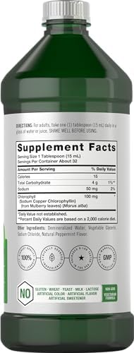 Gotas Líquidas de Clorofila Horbäach | 100mg | 32 oz (2 Botellas de 16 oz) | Sabor Natural a Menta | Suplemento Vegetariano, No GMO, Sin Gluten - imagen 2