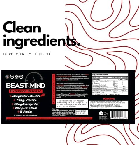 Píldoras de Energía Extrema Beast Mind de Liberación Prolongada | 400mg de Cafeína XR | 600mg de Ashwagandha | 200mg de Melena de León, Aumenta - imagen 2