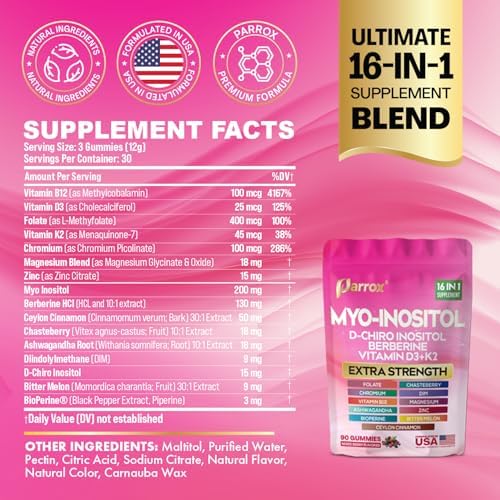 Gomitas de Myo-Inositol y D-Chiro Inositol con Berberina, Vitaminas D3+K2, B12, Folato, Zinc, Magnesio, Ashwagandha, Vitex, Bioperina, DIM - - imagen 2