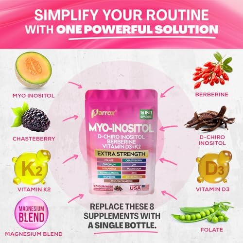 Gomitas de Myo-Inositol y D-Chiro Inositol con Berberina, Vitaminas D3+K2, B12, Folato, Zinc, Magnesio, Ashwagandha, Vitex, Bioperina, DIM - - imagen 3
