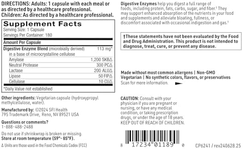 Klaire Labs SFI Health Enzimas Digestivas - Suplementos para la Salud Intestinal con Lipasa, Amilasa y Proteasa - 180 Cápsulas para Mejorar la - imagen 5